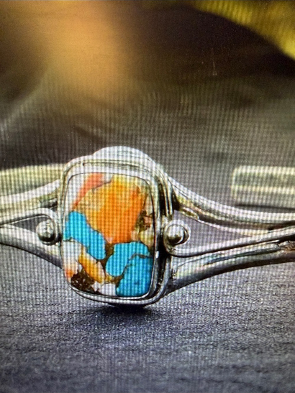 Vintage style Silver Orange & Turquoise Inlay Cuff Bracelet